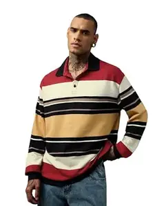The Souled Store Oversized Rugby Polo: Men and Boys Long Sleeve Spread Collar Striped Cotton Oversized Fit Breathable Everyday Lightweight All-Season Polos