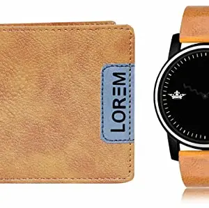 LOREM Orange Color Faux Leather Wallet & Black Analog Watch Combo for Men | WL11-LR69