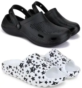 Pampy Angel Combo Pack of 2 Slipper/Flip Flops/Slides/Clogs/Sandals with Adjustable Back Strap for Men,(Cl-500-Black,Y-AllStar-White),7 (UK/India)