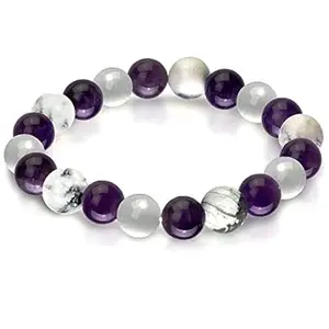 Lady Works Natural Amethyst, Howlite & Selenite 8mm Round Shape Smooth Cut Beads 8 Inch Stretchable Bracelet For Men & Women. Unisex Bracelet For Healing, Meditation, Prosperity & Luck|LW_BRST_00584_8.0