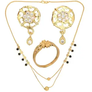 AanyaCentric Gold-plated Jewelry Combo: Elegant Short Mangalsutra, Ring, and American Diamond Earrings Set - Stylish Accessories for Women & Girls