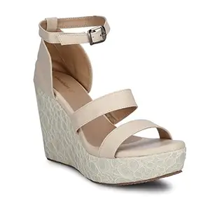 Shoeshion Women Buckle Closer Open Toe, Strapy Slingback Wedges Sandal For Office, Party & Occasion. (Cream, numeric_8)