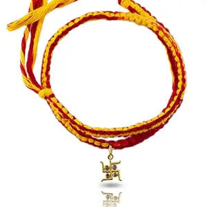 FOURSEVEN Jewellery 925 Sterling Silver Gold-Plated Silver Svasti Charm with Wrap Around Moli Rakhi Bracelet For Men and Women (Raksha Bandhan Rakhi for Brother with Roli Chawal)