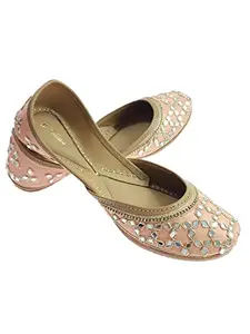Fulkari Women's Mirror Peach Gold Genuine Soft Leather Embroidered Jutis | Bite and Pinch Free Jutti | Punjabi Formal Juttis | Girl's Wedding Flat Ladies Mojari | Formal Ethnic Juti |36