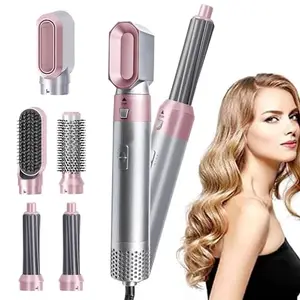 TechKing (HOT DEAL WITH 20 YEARS WARRANTY) 5 in 1 Hot Air Styler Hair Dryer Comb Multifunctional Styling Tool for Curly Hair machine for Straightening Curling Drying Combing Scalp Massage Styling For Women- BABY PINK