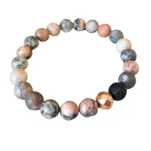 RRJEWELZ Natural Pink Zebra Jasper with Lava Stone 8mm Round Shape smooth Cut Beads 7.5 Inch Stretchable Bracelet for Men & Women.|STBR_RR_07844_7.5
