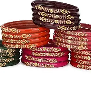 Somil's Stylish Glass Bangles/Kada Collection - Perfect for Festivals, Work, and Parties. Traditional yet Modern Designer Pieces for Women and Girls. Pack of 24 in Radiant Red, Orange, Gajri, Pink, Green & Mehroon Shade