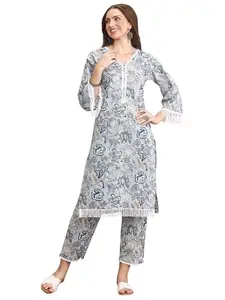 INDO ERA Women's Blue Pure Cotton Printed Smart Casual Co-Ord Set (24APR32_XX-Large)
