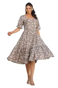 Janasya Women's Grey Pure Cotton Floral Print Flared Dress (JNE3935-DR-RE-M)