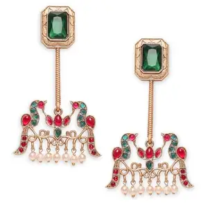OOMPH Jewellery Green & Maroon Jadau Ethnic Drop Earrings - Peacock Design - For Women & Girls Stylish Latest (CKE296_A2)