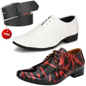 Attractive Trendy Formal Shoes/Party Shoes/ 2 Shoes Combo with Free Belt for Men and Boys (BAZAAR7779_VTR01-Blk-Red006-Wht-1-Blk) Multicolor