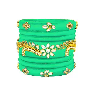 Generic Thread Trends Silk Thread Bangles Festive Collection Designer Colorful Leaf Buta Set of 7 Bangles Lux Green Color (Size-2/6)