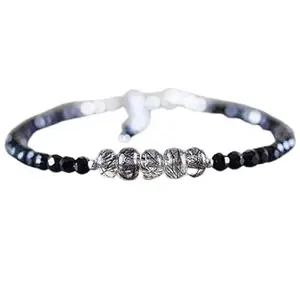 LKBEADS Black Rutilated Quartz & Black Spinel bracelet with Silver clasp - 3-6mm Round beads- Faceted Cut -7 Inch Adjustable Bracelet– Healing, Fashion, Gift, Spiritual, Yoga|LK_STACK_07076