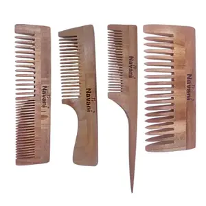 Navani Neem Wood Combs Combo - Shampoo Detangler (1No.), Long Tail (1No.), Dual Teeth (1No.), Single Handle (1No.), Oil Treated, Hair Straightening, Dandruff, Frizz Control, Kanghi for Men and Women - Pack of 4