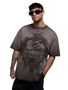 The Souled Store Popeye: Skull Men and Boys Short Sleeves Round Neck Grey Graphic Printed Casual Drop Shoulder Lightweight Streetwear Cotton Oversized T-Shirt
