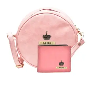 YOUR GIFT STUDIO : Classy Leather Customized Chained Sling Bag Round + Men's Wallet - Light Pink Peach