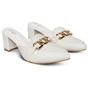 Looper Women's White Leather Mules with Gold Chain Detailing, Chunky Heel, 8 cm (White, UK Footwear Size System, Adult, Women, Numeric, Medium, 6)