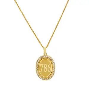 Memoir Gold plated CZ studded 786 letter engraved oval chain pendant muslim jewellery necklace for Men/Women