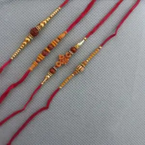 Traditional Rakhi Set for Brother, Gold-Toned Beads with Red Thread, Pack of 4