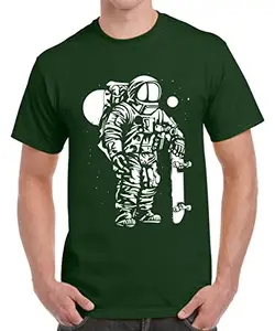 Caseria Men's Round Neck Cotton Half Sleeved T-Shirt with Printed Graphics - Astronaut Skateboard (Bottel Green, XXL)