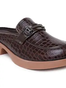 SHERRIF Women's Croc-Textured Mules with Metal Buckle | Slip-On Backless Loafers with Block Heel for Chic Party & Office Wear Brown