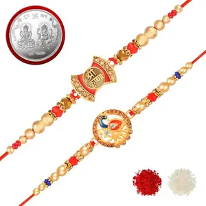 De Marquis 2 Designer Rakhi Sets |1 Laxmi-Ganesh Pooja Coin | DT-01694 Pearl, Kundan, Mauli Thread Rakhee for Brother | Roli-Chawal | Best Wishes Greeting Card (Pack of 2 Rakhees)