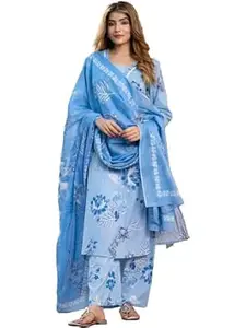 PARTHVI Women's Pure Cotton Printed Straight Kurta With Embroidered Palazzo Pants & Dupatta Set- Ethnic Wear, Blue