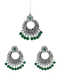 ANURADHA PLUS® Women's Stylish Green Traditional Chandbali Earrings Combo Set with Maang Tikka