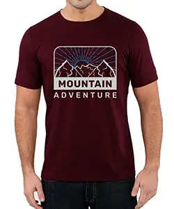 Caseria Men's Round Neck Cotton Half Sleeved T-Shirt with Printed Graphics - Sun Hill Adventure (Maroon, XXL)