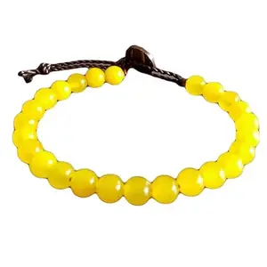 RRJEWELZ Natural Yellow Jade Round Shape 8mm Smooth Beads Brown Color Threaded Adjustable Bracelet For Men & Women. |TDBR_1919