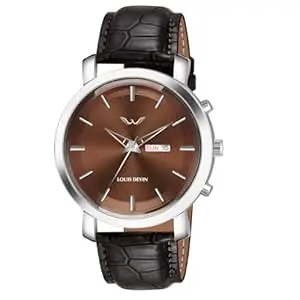 LOUIS DEVIN Black/Blue/Brown/Green Leather Strap Analog Wrist Watch for Men with Day and Date Display (Black/Blue/Brown/Silver/Green Dial) | LD-WT410