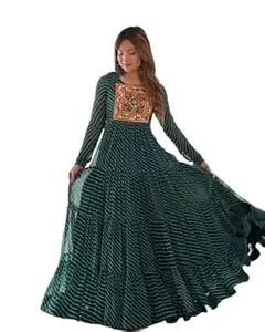 SAMRAGNI Women's Faux Georgette Fabric Leheriya Printed Gown Fully Stitched | Round Neck & 3/4 Sleeve | Lightweight and Breathable Fabric-NA-7570