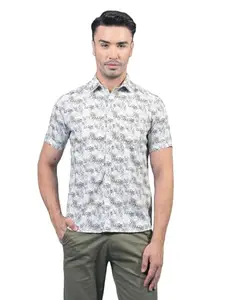 Crimsoune Club Men's Grey Floral Print Linen Shirt (XXL)