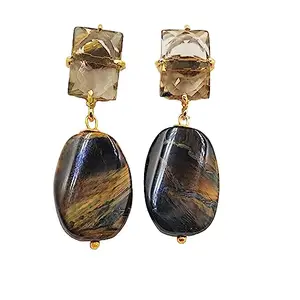 Natural tiger eye With Smoky Quartz Gemstone Earring Gold earring Handmade Stylish Jewelry Beautiful Earring Gift for Women & Girl
