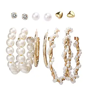 Kairangi Earrings for Women and Girls Fashion White Pearl Hoops Set | Gold Plated Combo of 6 Pairs Stud Hoop Earring Set | Birthday Gift for girls and women Anniversary Gift for Wife