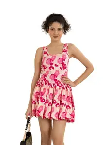 Tandul Women Balloon/Bubble Multi Febric Blend Floral Print Dress - Round Neck, Sleeveless, Above Knee/Mid Thigh Length - Multicolor, S