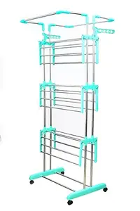 Tiamo Cloth Dryer Stand Jumbo Size Stainless Steel Foldable Caster Wheels 3-Tier For Drying Laundry Rack with Adjustable Side Wings for Towels Shoes Quilts Garment Ideal for Indoor Outdoor Use (Green)
