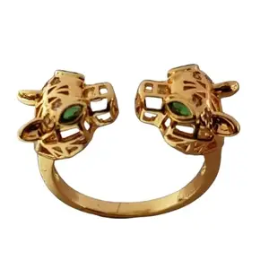 Pure 925 Sterling Silver Gold Plated Adjustable Finger Ring | Ad Zircon with Rhodium Gold Plated Lion Ring With Green Eyes Ring For Women & Girls