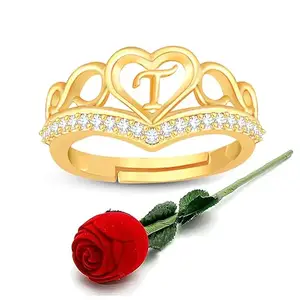 Lila Valentine Ring Heart Alphabet 'T' Promise Propose Engagement Wedding Anniversary Brass, Stainless Steel, Copper, Alloy Cubic Zirconia Gold Plated Ring (BZR_HC370CrwnRsePkGld(T) AlpRng(M01)_Prnt)