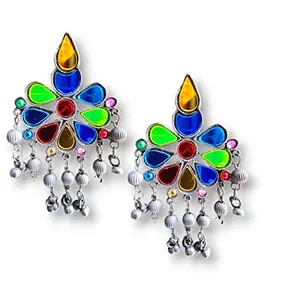 German Silver Oxidised Mirror Jhumka For Girls and Women Bohemian Multi-Color Earrings Traditional Valentine Birthday Anniversary Gift