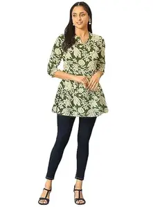Large Floral Print Green Cotton Short Kurti for Womens
