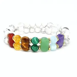 LKBEADS Natural 7 Chakra Stone & White Howlite 8-16mm Round & Oval Shape Smooth Cut Beads 75 inch Stretchable Bracelet for Men & Women|STBR_RR_00114_75