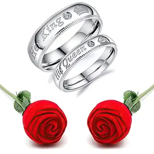 Fashion Frill Valentine Gift For Girlfriend Silver Couple Ring Red Rose Ring For Women Girls Men Boys Love Gifts Valentine's day Gift For Wife Girlfriend Boyfriend King Queen Ring