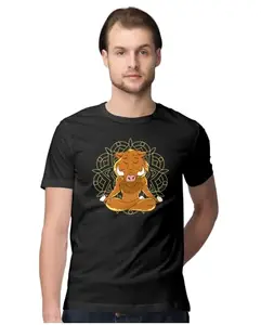 ALLEN BLACK Men's Regular Fit T-Shirt Wild Boar Meditating 100% Cotton T-Shirt White_WILBRMEDMN-White XL Men Round_