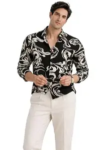 ZERNY Men's Black Abstract Printed Shirt | Regular Fit Full Sleeve Casual Button Down Shirt for Men