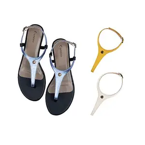Cameleo -changes with You! Women's Plural T-Strap Slingback Flat Sandals | 3-in-1 Interchangeable Leather Strap Set | Silver-Yellow-White