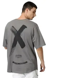 THE HOLLANDER Men Cotton Grey Half Sleeve Printed Drop Shoulder Oversized Tshirt (Grey_3;XL)