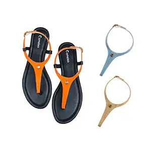 Cameleo -changes with You! Women's Plural T-Strap Slingback Flat Sandals | 3-in-1 Interchangeable Strap Set | Orange-Leather-Light-Blue-Olive-Green