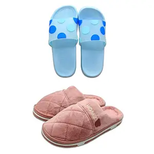 WMK Winter Home wear Warm soft Fur flipflop chappal slipper for Women, (2098 Polkadot_Sky|Carpet Home_Pink) 36 (UK SIZE-3)