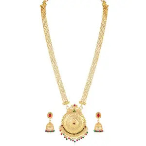 Peora Gold Plated Rani Pink & Green Synthetic Stone Studded Long Maharani Haar Necklace & Jhumki Earrings Traditional Jewellery Set for Women